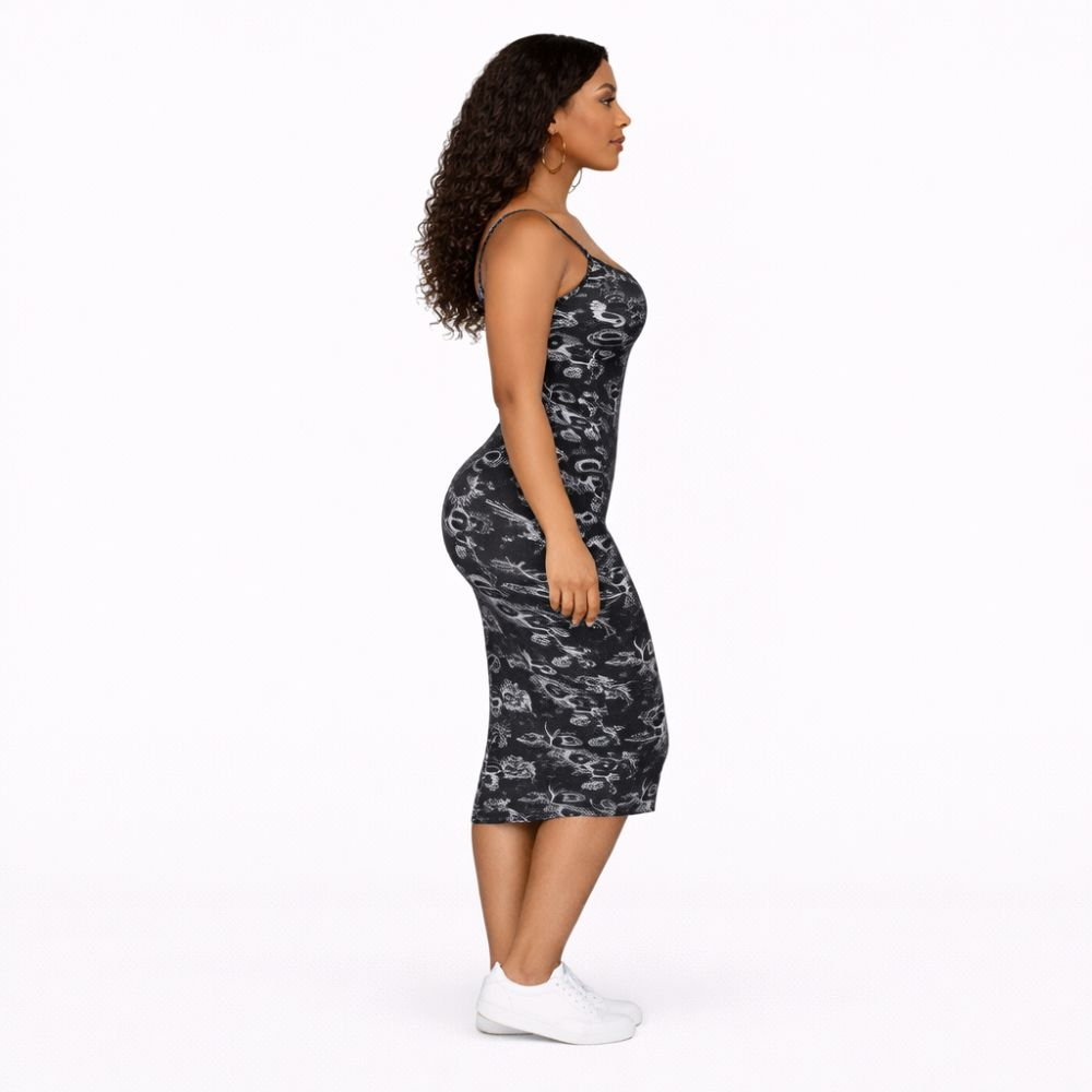 Black & White Printed Spaghetti Strap Bodycon Midi Dress